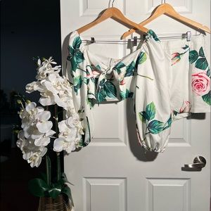 Tea & Cup - Floral Tie Front Crop & A line Short Set